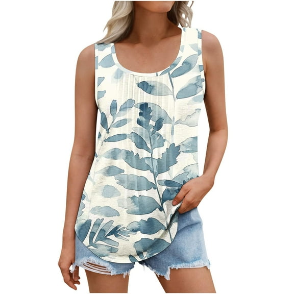 GA WEIHUA Summer Tank Tops for Women Vacation 2025 Pleated Crewneck Shirts Cute Floral Printed T Shirts Loose Fit Casual Flowy Tunic Sleeveless T Shirts(Multicolor,S)
