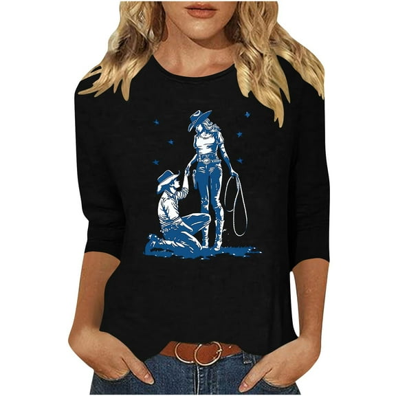 GA WEIHUA Summer Western Cowgirl Print Tops for Women Vintage Pattern Creweck T-Shirt Novelty 3/4 Sleeve T-Shirt Loose Fit Tunic Tops Trendy Loose Outfits(Black,XXL)
