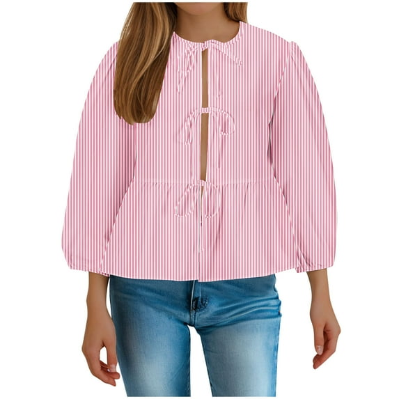 GA WEIHUA Tie Front Tops for Women Striped Solid Color Shirts Loose Crewneck 3/4 Puff Sleeve Blouse Babydoll Top Y2K Going Out Preppy Clothes,Pink,XXL