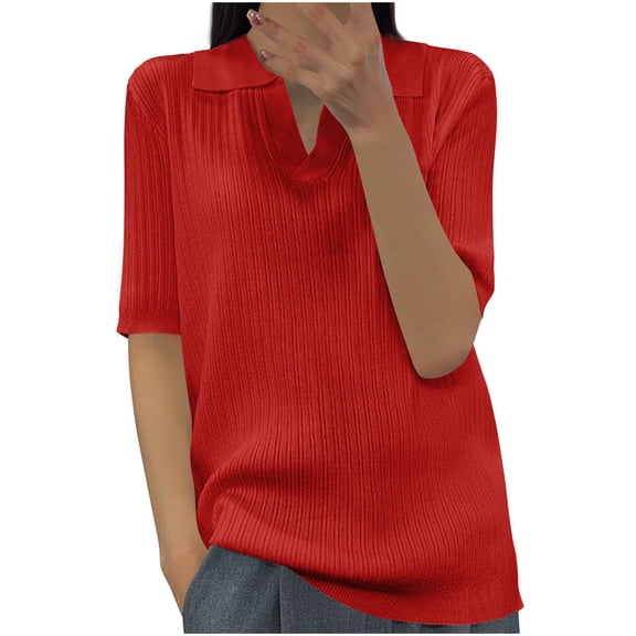 GA WEIHUA Top for Women Summer Half Sleeve T Shirts Casual Lapel V Neck Shirts Ribbed Loose Tuninc Tops(Red,XL)