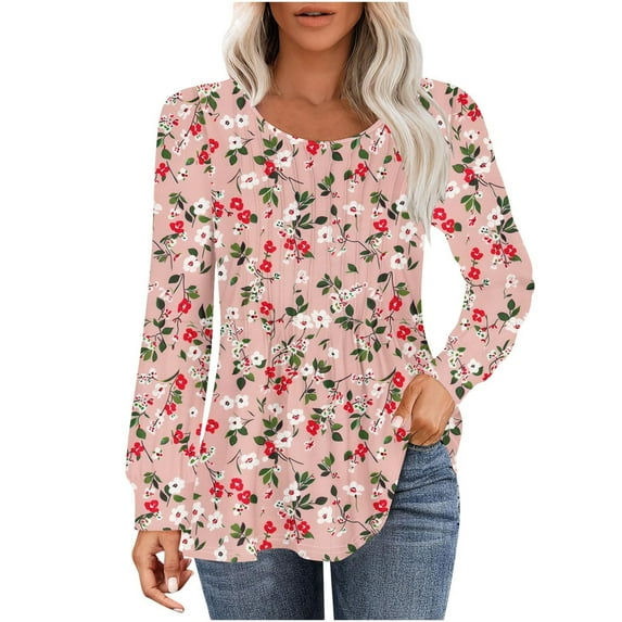 GA WEIHUA Women Boho Printed Shirts Fall Long Sleeve Tops Tunic Tees Pleated Crew Neck Blouses Loose Fit Floral Tee Tops Dress T Shirts Cute Pullover Relaxed Fit Top,Pink,XL
