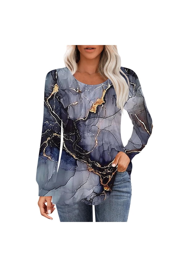 Women Boho Printed Shirts Fall Long Sleeve Tops Tunic Tees Pleated Crew Neck Blouses Loose Fit Floral Tee Tops Dress T Shirts Cute Pullover Relaxed Fit Top,Dark Gray,XXL