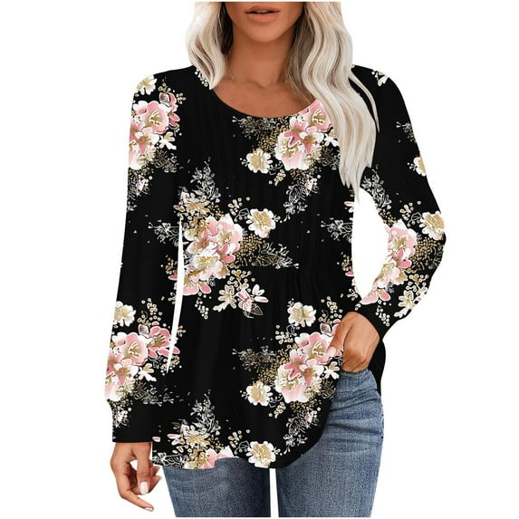 GA WEIHUA Women Boho Printed Shirts Fall Long Sleeve Tops Tunic Tees Pleated Crew Neck Blouses Loose Fit Floral Tee Tops Dress T Shirts Cute Pullover Relaxed Fit Top,Black,XXL