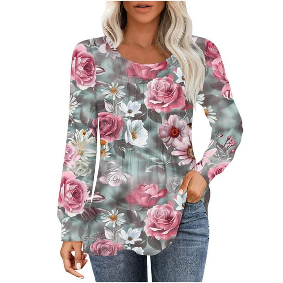 GA WEIHUA Women Loose Tops Long Sleeve Tunic Fall Tees Pleated Round Neck Clothes Cute Boho Floral Printed Pullover Relaxed Fit Top,Gray,XXL