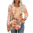 thumbnail image 1 of GA WEIHUA Women Loose Tops Long Sleeve Tunic Fall Tees Pleated Round Neck Clothes Cute Boho Floral Printed Pullover Relaxed Fit Top,Orange,S, 1 of 5