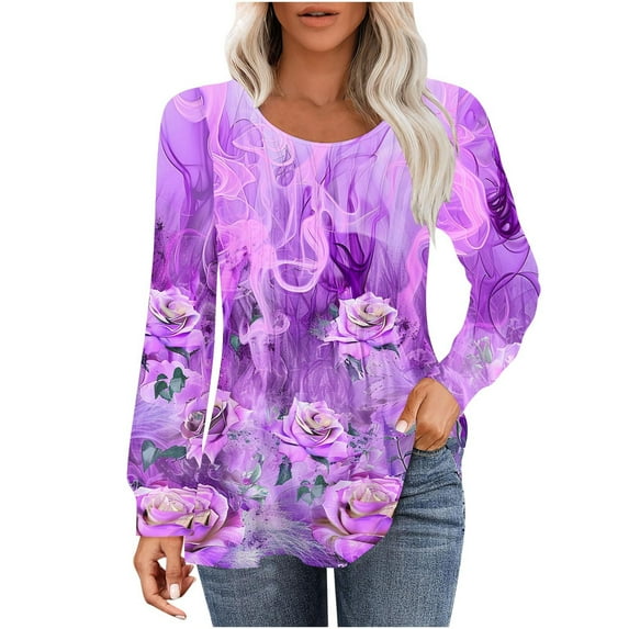 GA WEIHUA Women Loose Tops Long Sleeve Tunic Fall Tees Pleated Round Neck Clothes Cute Boho Floral Printed Pullover Relaxed Fit Top,Purple,S