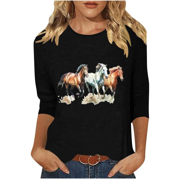GA WEIHUA Women Western Horse Print Shirts Tribal Ethnic Shirt Aztec Print Casual 3/4 Sleeve Tops Vintage Graphics Blouse Tunic Loose 2025(Black,L)