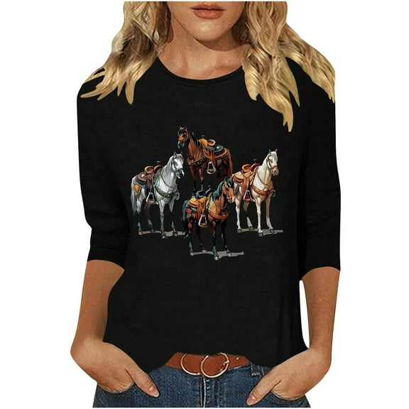 GA WEIHUA Women Western Horse Print Shirts Tribal Ethnic Shirt Aztec Print Casual 3/4 Sleeve Tops Vintage Graphics Blouse Tunic Loose 2025(Black,S)