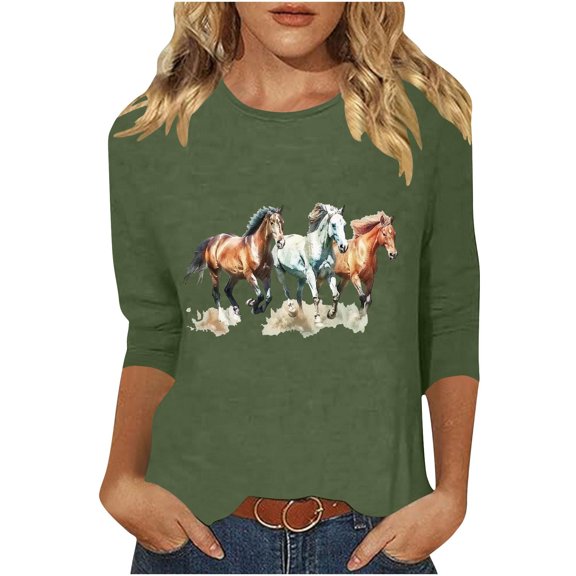 GA WEIHUA Women Western Horse Print Shirts Tribal Ethnic Shirt Aztec Print Casual 3/4 Sleeve Tops Vintage Graphics Blouse Tunic Loose 2025(Green,XXL)