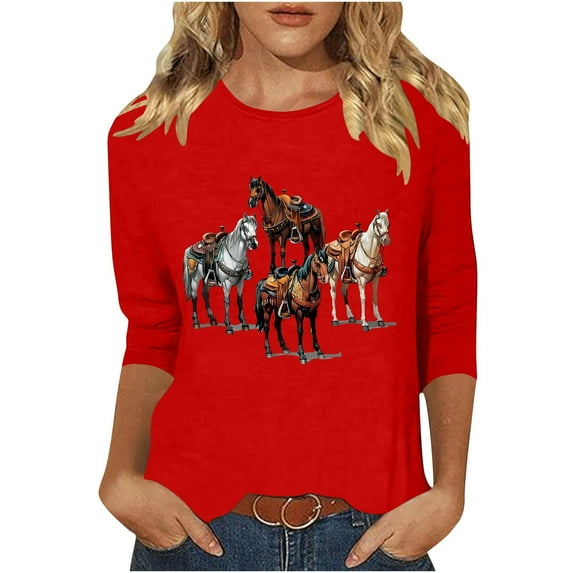 GA WEIHUA Women Western Horse Print Shirts Tribal Ethnic Shirt Aztec Print Casual 3/4 Sleeve Tops Vintage Graphics Blouse Tunic Loose 2025(Red,M)