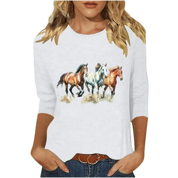 GA WEIHUA Women Western Horse Print Shirts Tribal Ethnic Shirt Aztec Print Casual 3/4 Sleeve Tops Vintage Graphics Blouse Tunic Loose 2025(White,XL)