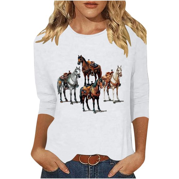 GA WEIHUA Women Western Horse Print Shirts Tribal Ethnic Shirt Aztec Print Casual 3/4 Sleeve Tops Vintage Graphics Blouse Tunic Loose 2025(White,XXL)
