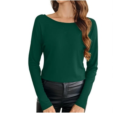 GA WEIHUA Women's Dressy Casual Tops Back Lace Butterfly Splicing Shirts Crewneck Rib Knit T Shirts Business Work T Shirts Trendy Long Sleeve Outfits(Green,M）