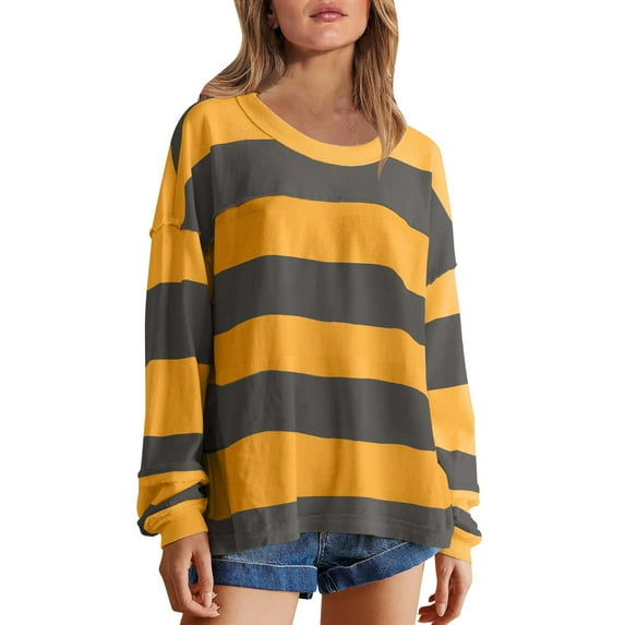 GA WEIHUA Women's Oversized Striped Color Block Tops Trendy Fall Long Sleeve Sweaters Causal Crewneck Drop Shoulder Pullover Shirts 2024 Baisc Tee Tunic Top Blouses,Yellow,S