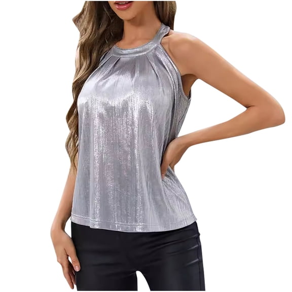 GA WEIHUA Women's Pleated Halter Summer Sleeveless Tank Tops Satin Blouse Keyhole Back Cami Shirts Casual Dress Loose Fit Halterneck Clothes(Silver,L)