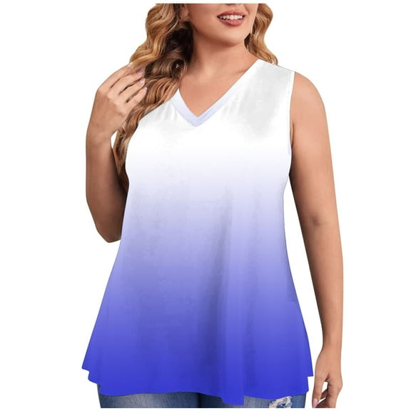 GA WEIHUA Women's Plus Size Tunic Tank Tops Summer Sleeveless Gradient Color Block Shirts Casual V Neck Camisole Flowy T Shirts(Blue,XXL)