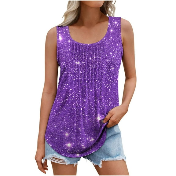 GA WEIHUA Women's Summer Tank Tops Glitter Sparkle Printed Camis Trendy Pleated Front Loose Fit Tunics Casual Crewneck Flowy T Shirts Blouse(Multicolor,M)