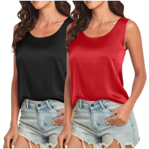 GA WEIHUA Womens 2 Pcs Satin Slik Shirts Round Neck Sleeveless Blouse Camisole Summer Tank Shirt Work Casual Cami Basic Dressy T Shirts Blouses(Blue,XXL)