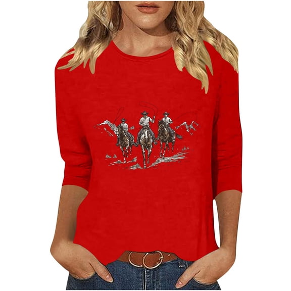 GA WEIHUA Womens Aztec Print Tshirts Western 3/4 Sleeve Crewneck Tops Loose T-Shirt Ladies Western Style Tees Blouses Pullover(Red,M)