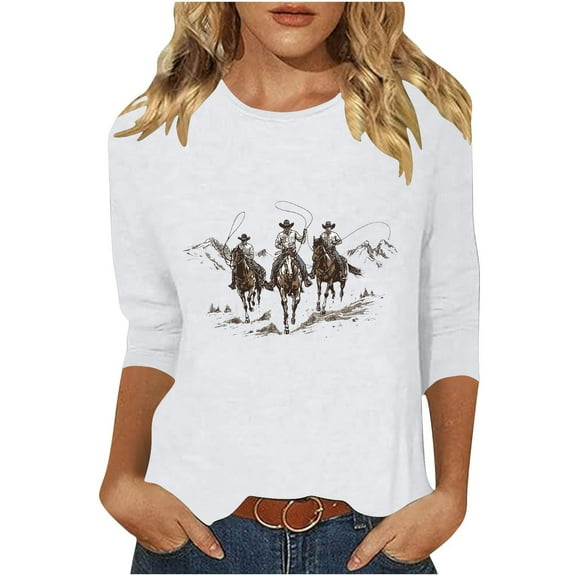 GA WEIHUA Womens Aztec Print Tshirts Western 3/4 Sleeve Crewneck Tops Loose T-Shirt Ladies Western Style Tees Blouses Pullover(White,XXL)