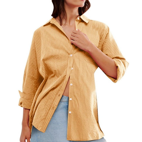 GA WEIHUA Womens Button Down Shirts Collared Ribbed Knitted Tops 2024 Fall Long Sleeve Blouses Causal Solid Color T Shirts Comfy Loose Fit Clothes,Yellow,L