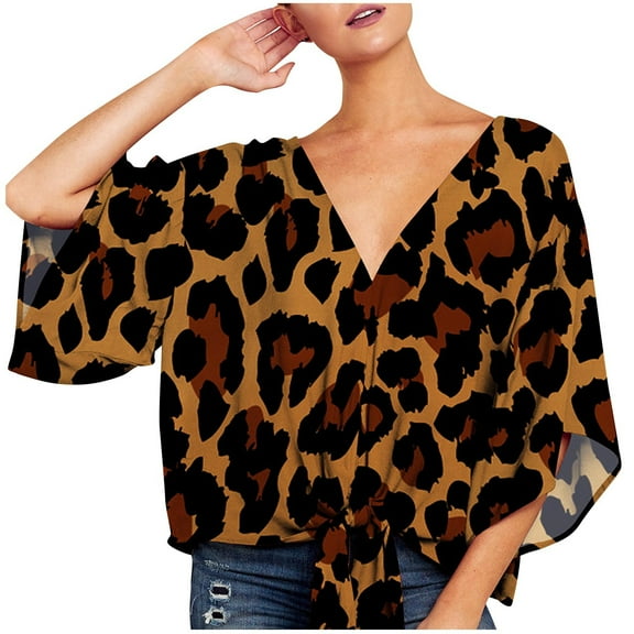 GA WEIHUA Womens Causal Deep V Neck Tops Loose Fit Tie Front Leopard Printed Blouses Batwing Short Sleeve Summer Oversize Top Shirts 2024 Trendy Clothes,Coffee,XXL
