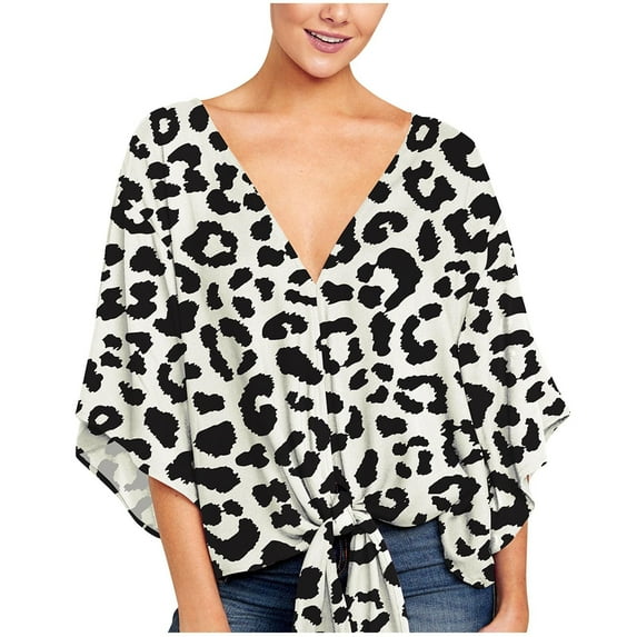 GA WEIHUA Womens Causal Deep V Neck Tops Loose Fit Tie Front Leopard Printed Blouses Batwing Short Sleeve Summer Oversize Top Shirts 2024 Trendy Clothes,White,L