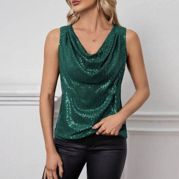 GA WEIHUA Womens Cowl Neck Sequin Tank Tops Sleeveless Sparkle Shimmer Camisole Vest Glitter Club Party Tops Dress Disco Birthday Dance Outfit(Green,S)Saving