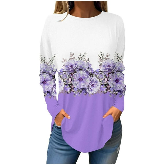 GA WEIHUA Womens Crew Neck T Shirt Boho Floral Long Sleeve Shirts Swing Tunic Tops Loose Fit Casual Blouses Fall Outfits(Purple,X-Large)