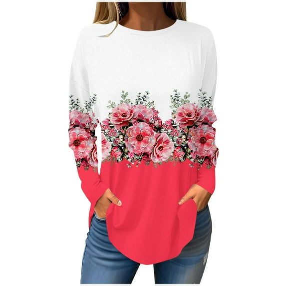 GA WEIHUA Womens Crew Neck T Shirt Boho Floral Long Sleeve Shirts Swing Tunic Tops Loose Fit Casual Blouses Fall Outfits(Red,Small)