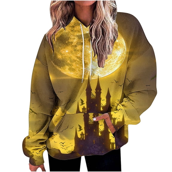 GA WEIHUA Womens Fashion Halloween Hoodied Oversized Funny Graphic Sweatshirts Drawstring Long Sleeve Shirts Drop Shoulder Pullover Hoodie with Pocket(Yellow,S)