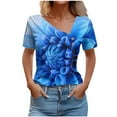 thumbnail image 1 of GA WEIHUA Womens Floral Print T Shirts Casual V Neck Shirts Loose Short Sleeve Tops 2025 Summer Fashion Blouses(Blue,M)Clearance Sales, 1 of 5