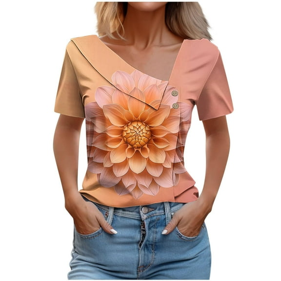 GA WEIHUA Womens Floral Print T Shirts Casual V Neck Shirts Loose Short Sleeve Tops 2025 Summer Fashion Blouses(Orange,XL)Saving
