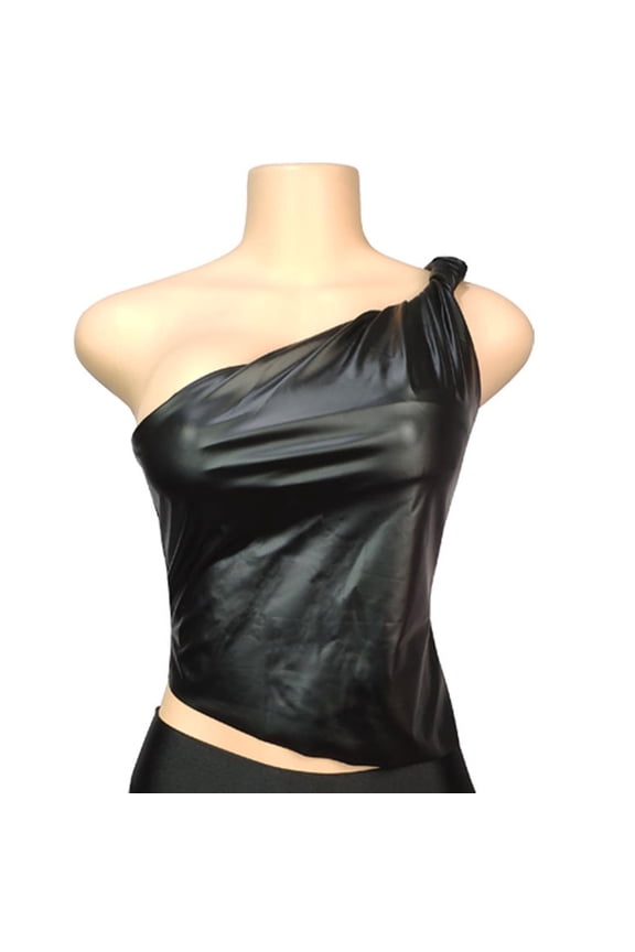 Womens One Shoulder Tank Tops Faux Leather Slim Fitted Camisoles PU Y2k Basic Crop Shirts Fashion Casual Work Outfits(Black,L)