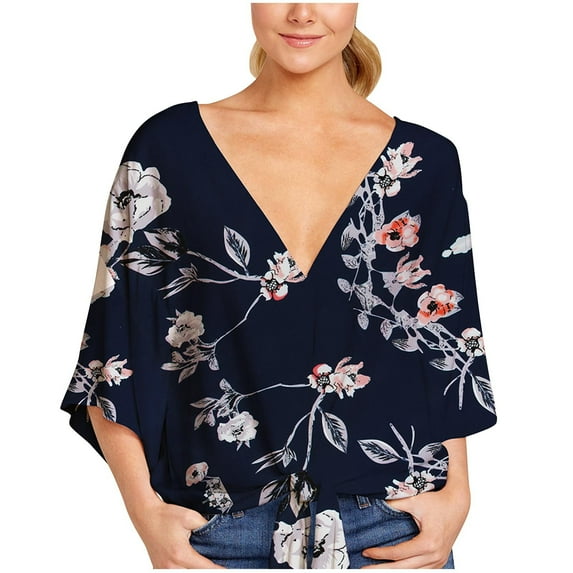 GA WEIHUA Womens Oversized Tops Loose Fit Floral Print Shirts Tie Front Trendy Tees Summer Half Sleeve T Shirts Causal Deep V Neck Clothes Cute Blouse,Dark Blue,XXXXL