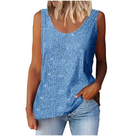 GA WEIHUA Womens Sequin Tank Tops Sexy Club Outfits for Women Dressy Glitter Sleeveless Sparkly Vest Loose Camisole Shimmer Disco Party Vest(Sky Blue,L)Clearance Deals