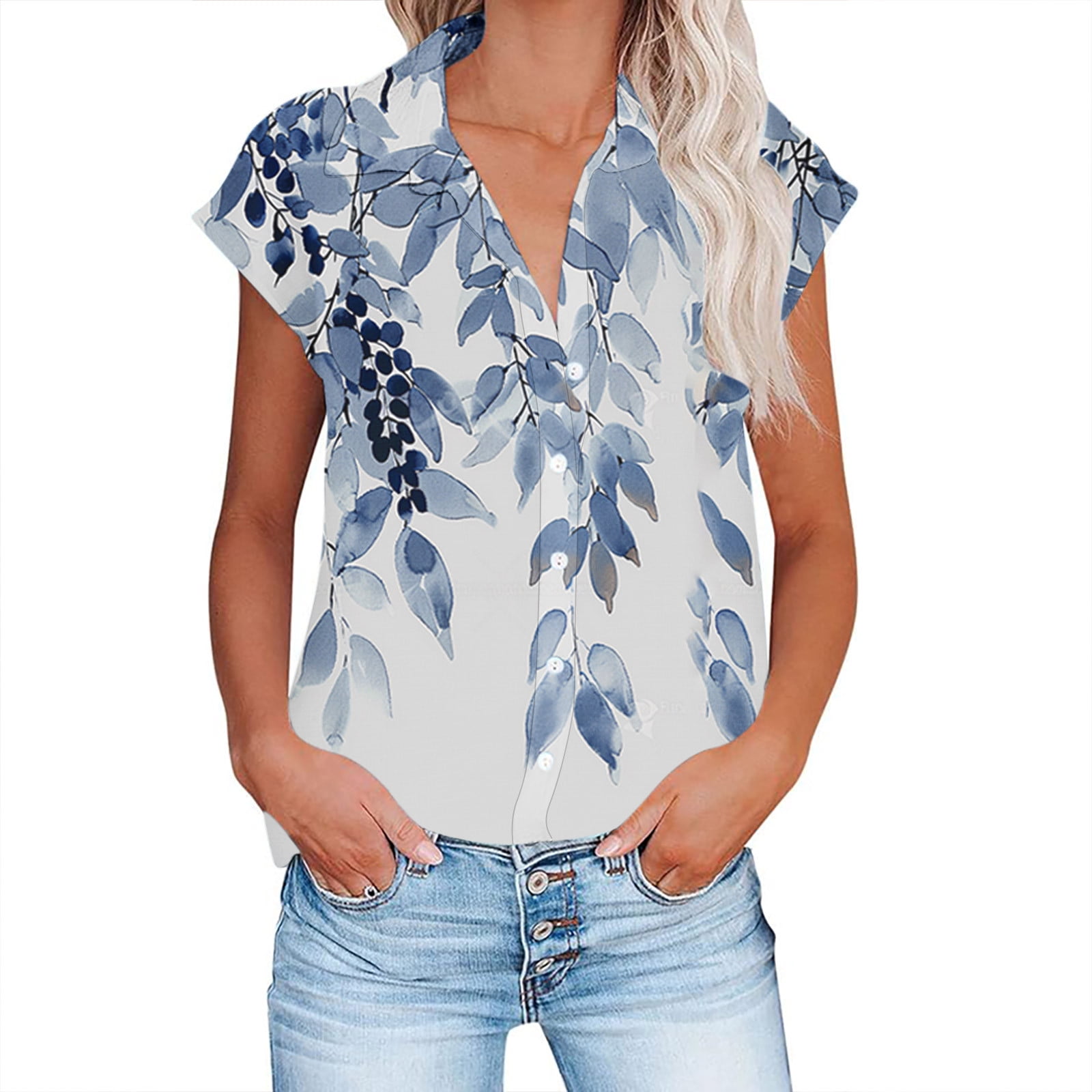 Jyanl Womens Short Sleeve Shirts V Neck Summer Tops Casual Button Down Shirts Cute Dressy Office Work Blouse Tunic Tops, Black, X-Large