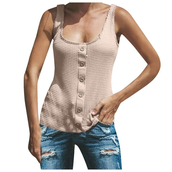 GA WEIHUA Womens Tank Tops Square Neck Waffle Knit Camisole Summer Casual Button Up Shirts Sleeveless Loose Tee Top Cute Solid Color Blouses(Beige,L)
