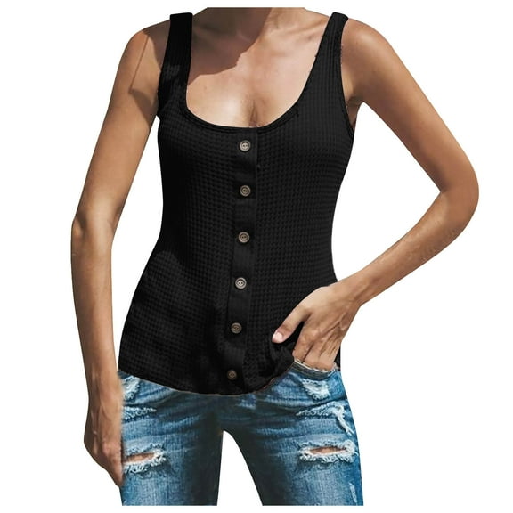 GA WEIHUA Womens Tank Tops Square Neck Waffle Knit Camisole Summer Casual Button Up Shirts Sleeveless Loose Tee Top Cute Solid Color Blouses(Black,XXL)