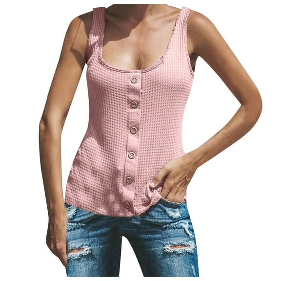 GA WEIHUA Womens Tank Tops Square Neck Waffle Knit Camisole Summer Casual Button Up Shirts Sleeveless Loose Tee Top Cute Solid Color Blouses(Pink,XL)