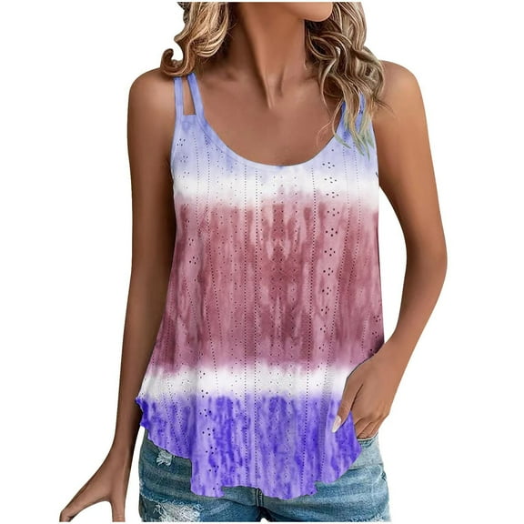 GA WEIHUA Womens Tie Dye Print Tank Top Eyelet Embroidery Sleeveless Spaghetti Strap Cami Tunic Loose Casual 2025 Summer Flowy Shirts(Purple,M)