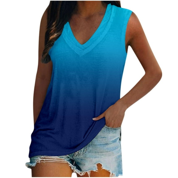 GA WEIHUA Womens V Neck Camis Tops Ombre Color Block Shirts Sleeveless Casual Loose Fit Camisoles 2025 Trendy(Sky Blue,M)