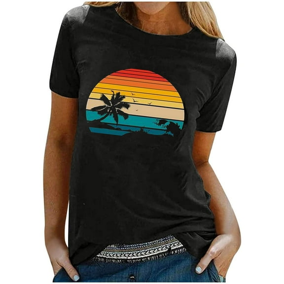 GA WEIHUA Womens Vintage Tshirts Sunset Print Graphic Shirts Blouse Crew Neck Tops Short Sleeve Retro Outfits Clothes(Black,M)Saving