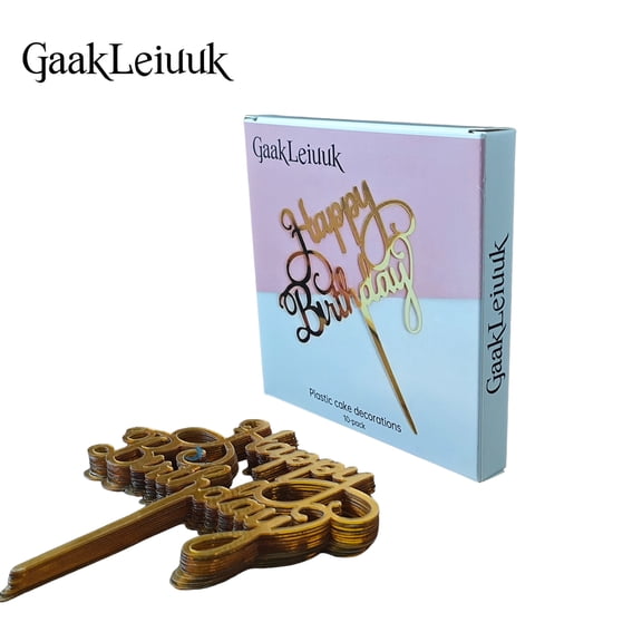 GAAKLEIUUK Plastic cake decorations Happy Birthday Cake Toppers, Gold Plastic Decorations, 10 Pack