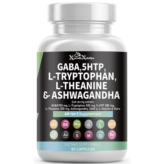 GABA Pills with 5-HTP Extract, L-Tryptophan, L-Theanine, Ashwagandha, Vitamins D3, B6, Magnesium, L-Tyrosine, L-Glycine, Sam-e & Black Pepper Mood Support Supplement