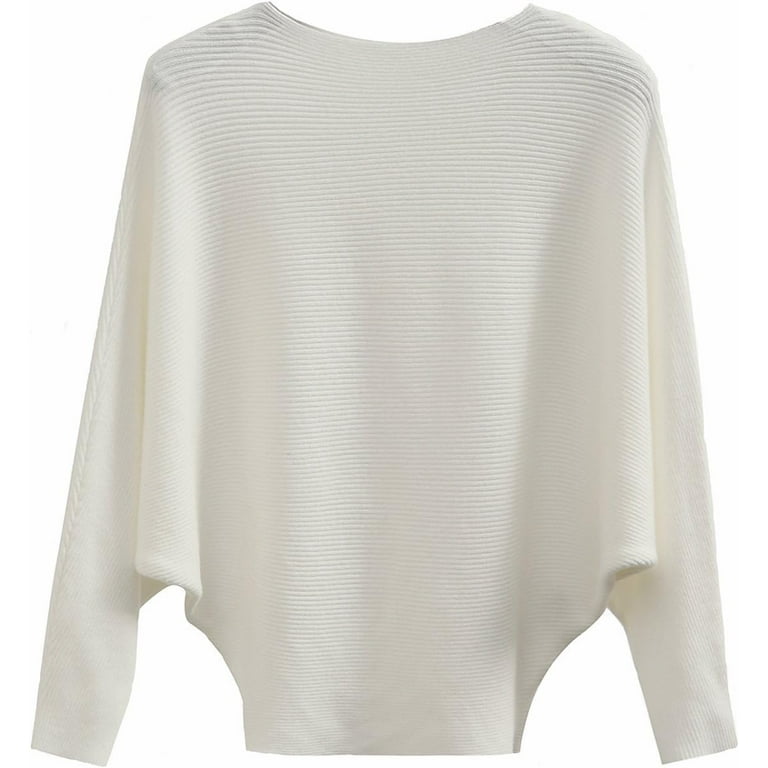 GABERLY Boat Neck Batwing Sleeves Dolman Knitted Sweaters and Pullovers Tops for Women One Size White