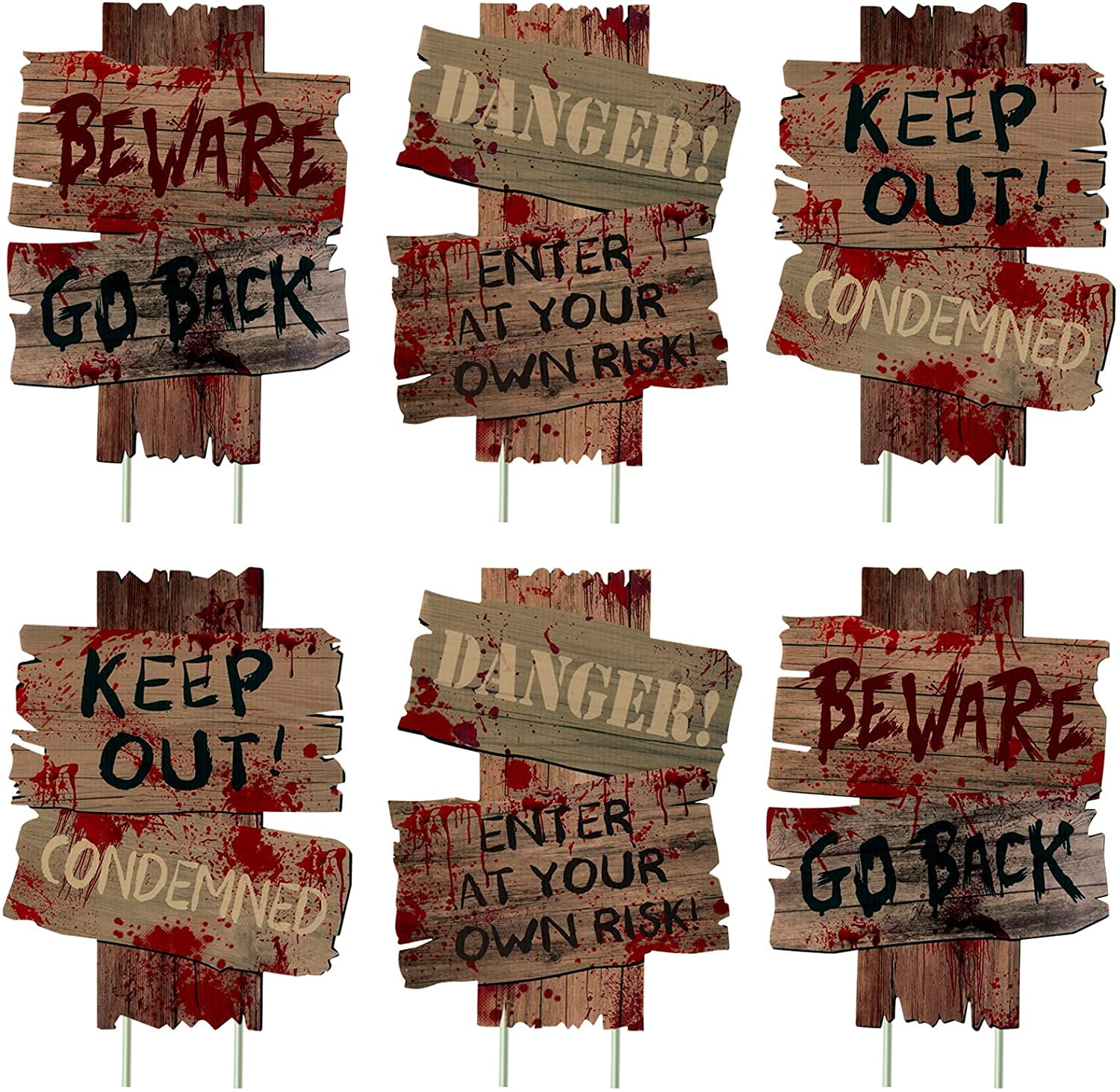 GABOSS Halloween Decorations Beware Signs Yard Stakes Outdoor Creepy Assorted Warning Sign,Scary Zombie Theme Party Decor Supplies (12" x 9", 6 Pieces)