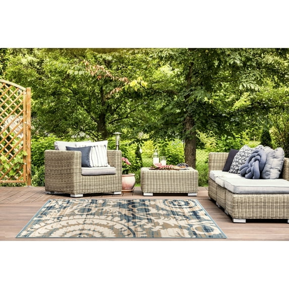 GAD Antalya Botanical Swirl Indoor Outdoor Area Rug Blue/Ivory 5'3" X 7'7" Pet Friendly 5' x 8' Patio Rectangle Tropical