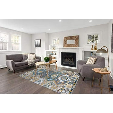 GAD Premium Indoor Tribal Southwestern Area Rug (5'3"x 7'6") Blue, Yellow & White Living Room Rug - Hallway, High Traffic Inside Rug - Stain & Fade Resistant