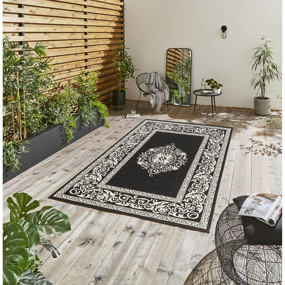 GAD Rize Beautiful Contemporary Indoor Outdoor Area Rug with Classic Medallion BLACK/BEIGE - 5'3" X 7'6" RECTANGULAR